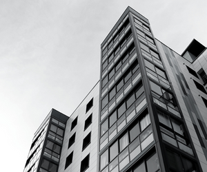 a black and white photo of an office building