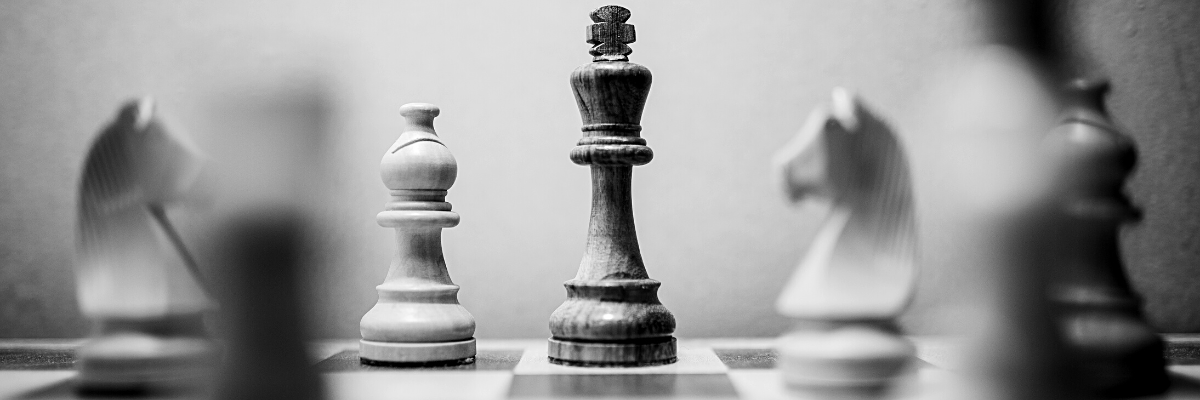 a landscape black and white photo of a chess board depicting a king