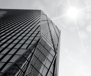 a black and white photo of a finance building